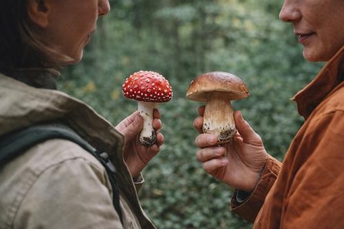Zwei Personen haben eine Pilz in der Hand